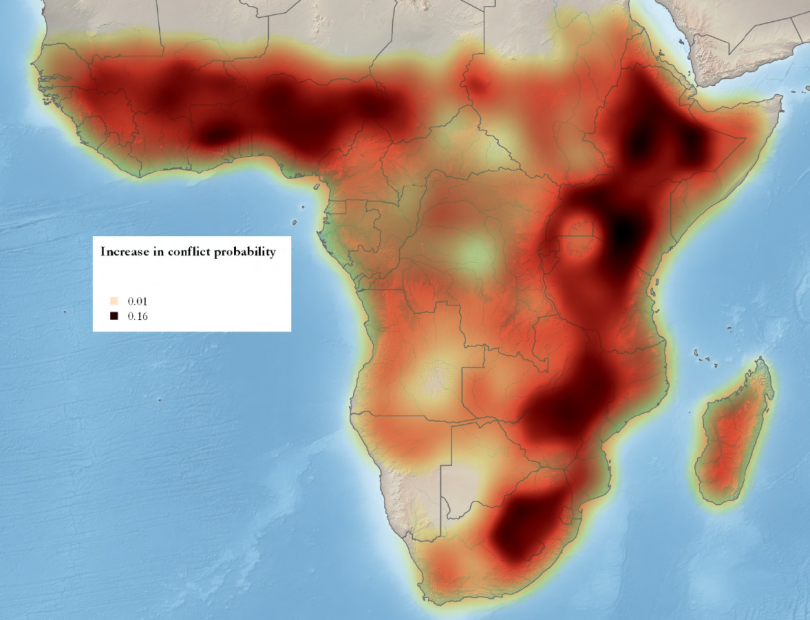 Heatmap showing increased conflict probability in places where heterogeneity in fertile land has increased.