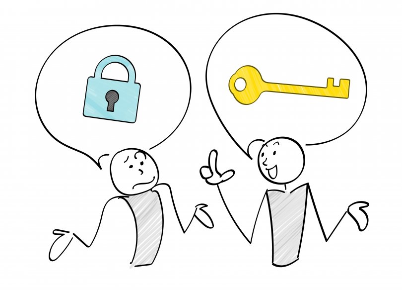 Two people discussing, one about the problem the other about the solution in the form of a padlock and a key