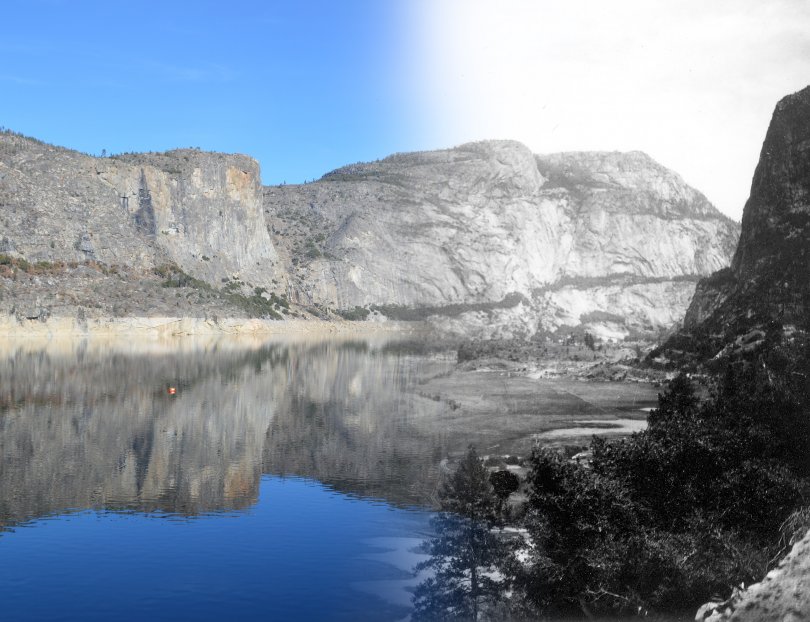 Photo montrant la vallée d'Hetch Hetchy avant et après la construction du barrage