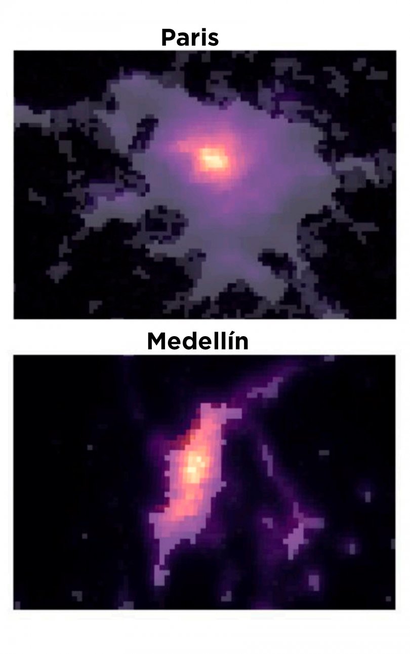 Cartes satellites de Paris et Medellín