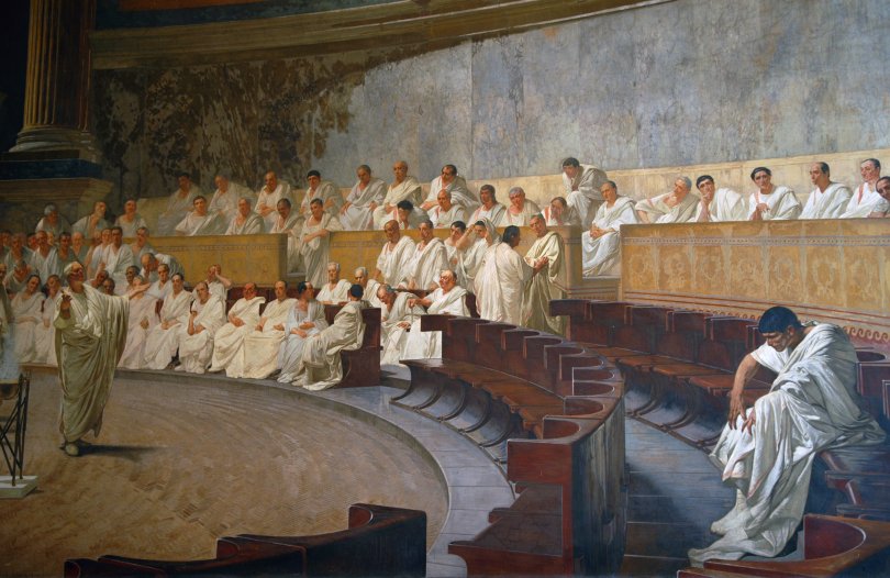 Toile illustrant une scène du sénat romain avec Cicéron et Catilina