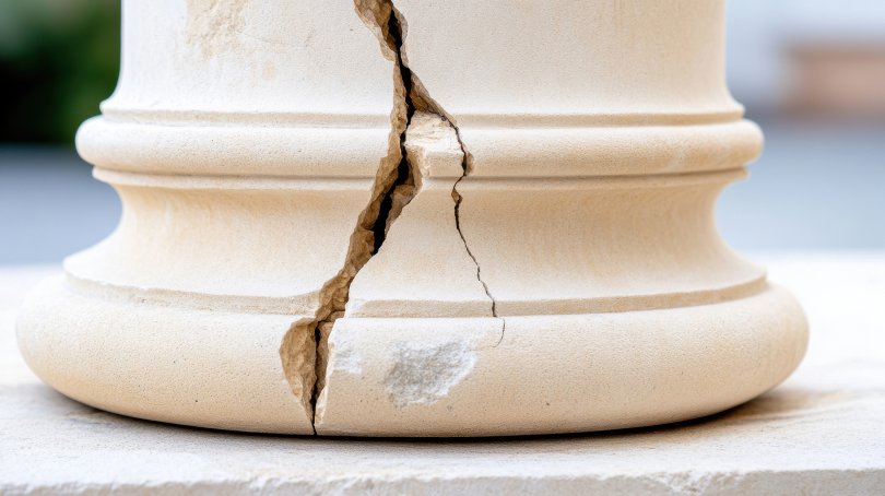 Close-up of a cracked beige stone column base showing signs of deterioration and erosion.