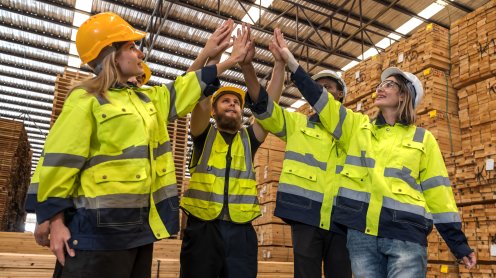 Workers in high-vis clothing celebrating on their workplace.  Picture : Jack Tamrong via Adobe Stock