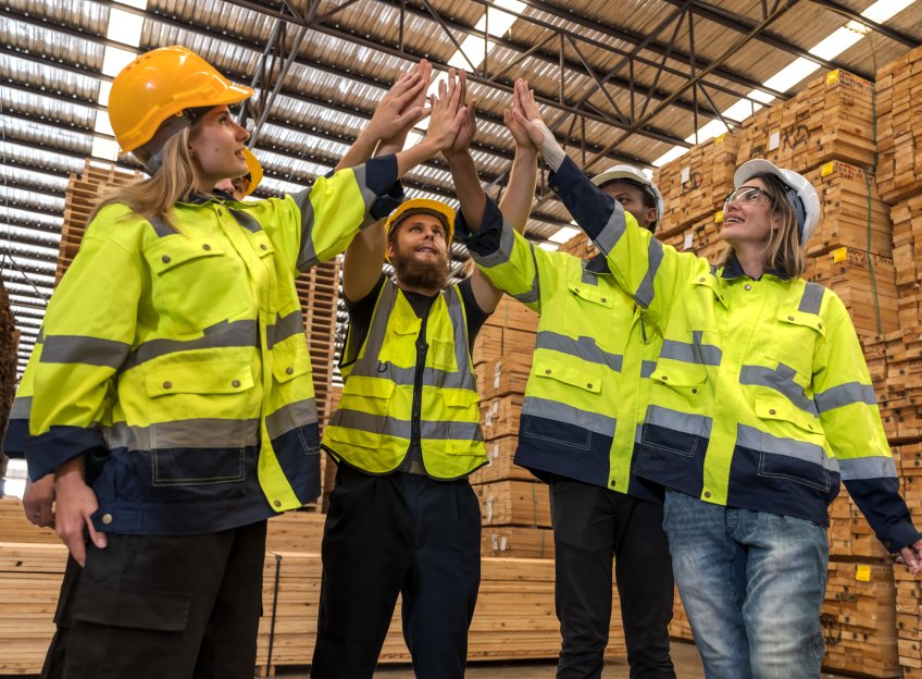 Workers in high-vis clothing celebrating on their workplace.  Picture : Jack Tamrong via Adobe Stock